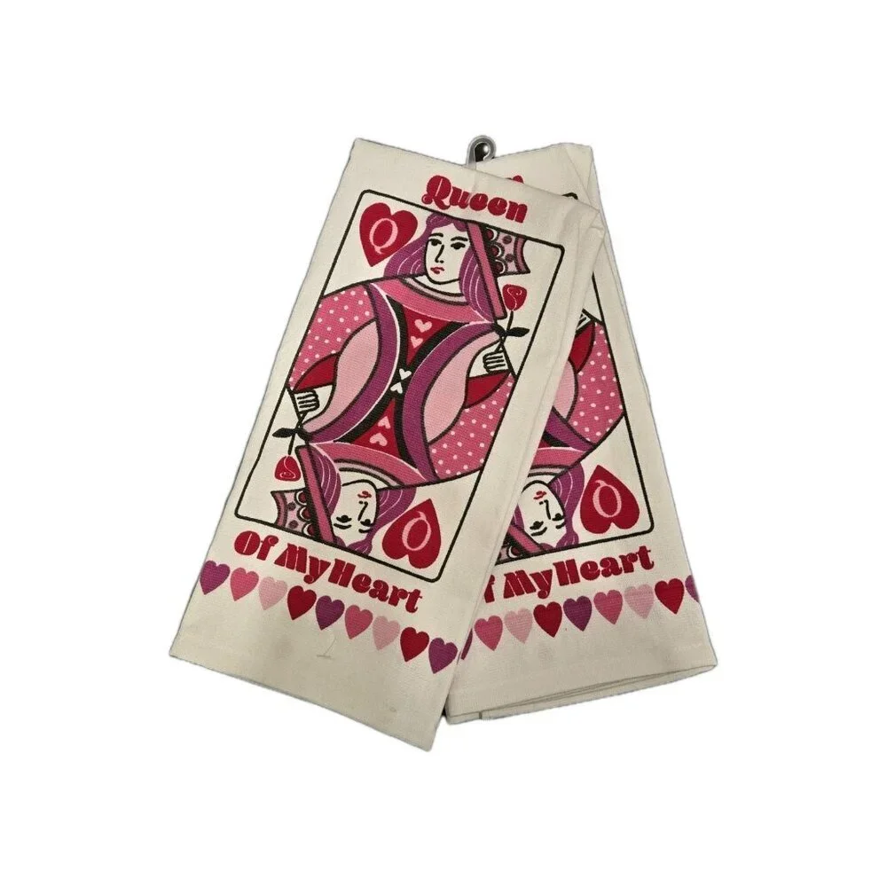 New Set 2 Valentines Day Love Pink Queen Of My Heart Poker Card Kitchen Towels